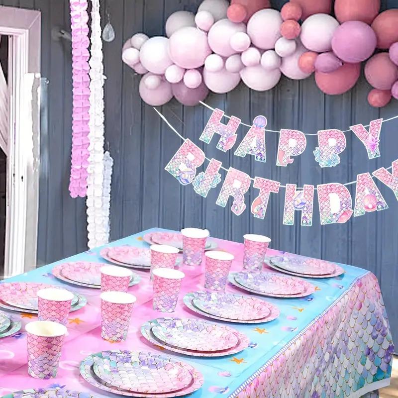 Mermaid Party Supplies Set with Plates Napkins Tablecloth Banner and Cupcake Toppers Perfect for Birthday Party Decorations