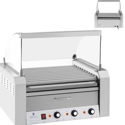 Roller Grill with Cover and Warming Drawer for Buns 20 HotDog Sausages 2600W 230V Royal Catering