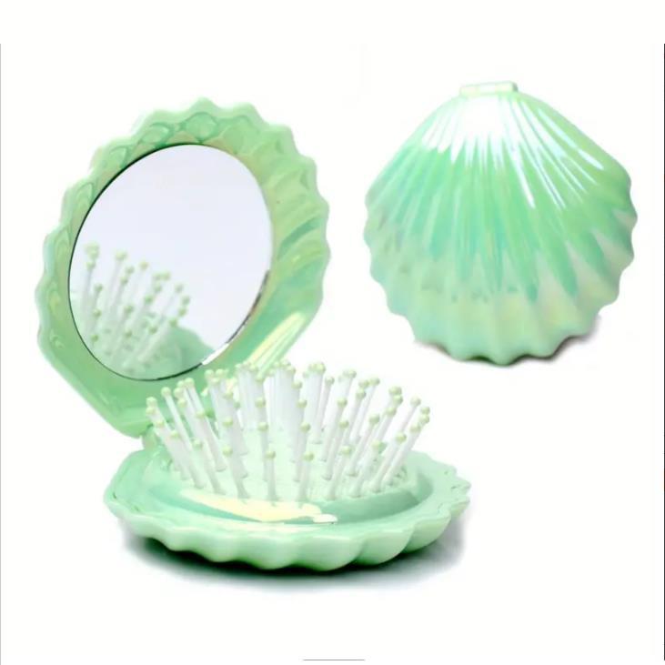 

Карманная расческа в форме ракушки с зеркалом, складная расческа, портативная, симпатичная, массажная щетка для волос зелёный