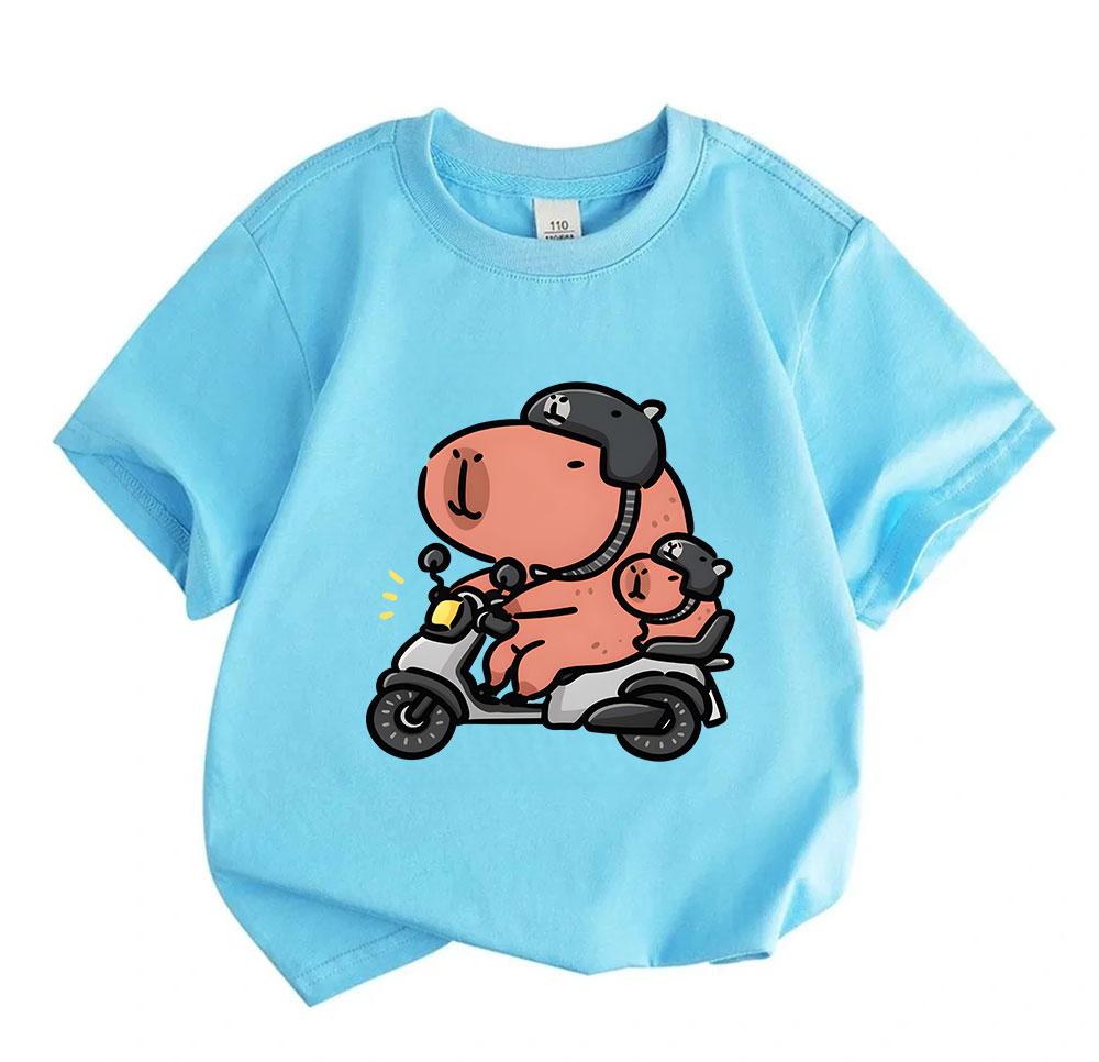 Kids Boys Girls 100% Cotton Crew Neck Short Sleeve T-Shirt, Cute Capybara Ride Electric Motorcycle Printed Casual Soft Lightweight Tee for Children Da