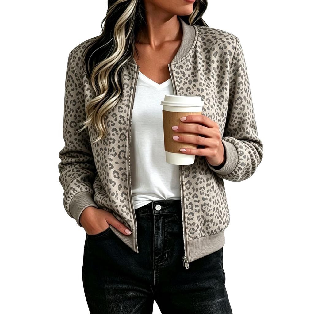 Women's Loose Fit Casual Zip-Up Jacket, Fashion Printed Short Coat for Fall and Winter