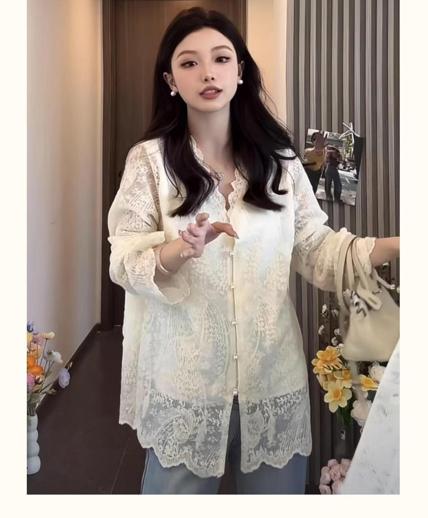 Stylish Women's Chinese-Style Vest & Lace V-Neck Long Sleeve Blouse Set