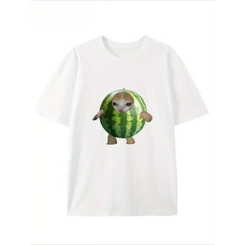 Women's Casual T-shirt with Cute Watermelon Cat Print Design Short Sleeves Round Neck Soft and Comfortable for Street Wear