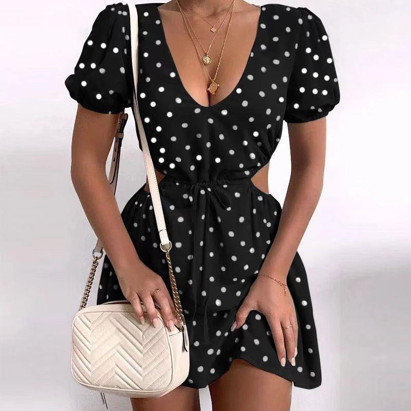 

Women s Soft Polka Dot Hollow Out Waist Date Dress S чорний