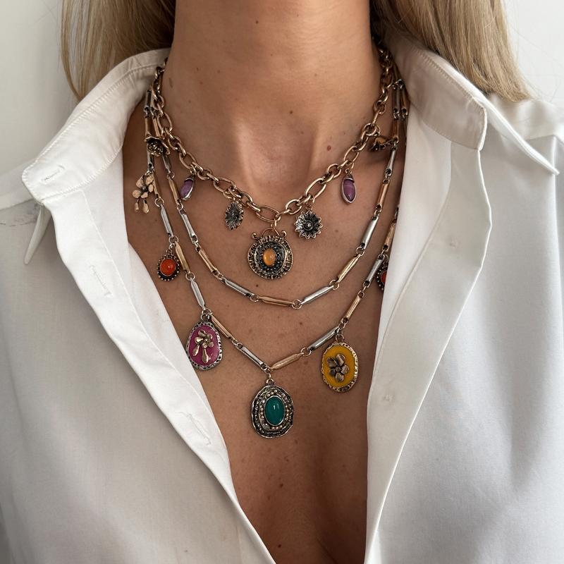 1/2/3Pcs Exaggerated Multi-layer Alloy Drip Oil Enamel Love Pendant Ring Vacation Necklace For Women Party Jewelry Accessories