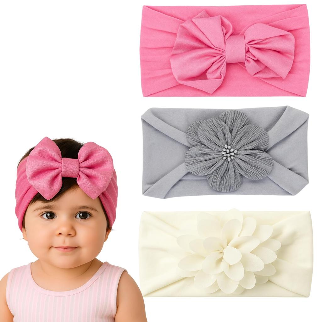 BellaStella 3 Pcs Baby Headbands for Girls & Boys, Soft Stylish Stretchy Hair Bands with Bow, Flower and Knot Design, Comfortable and Stylish Hair