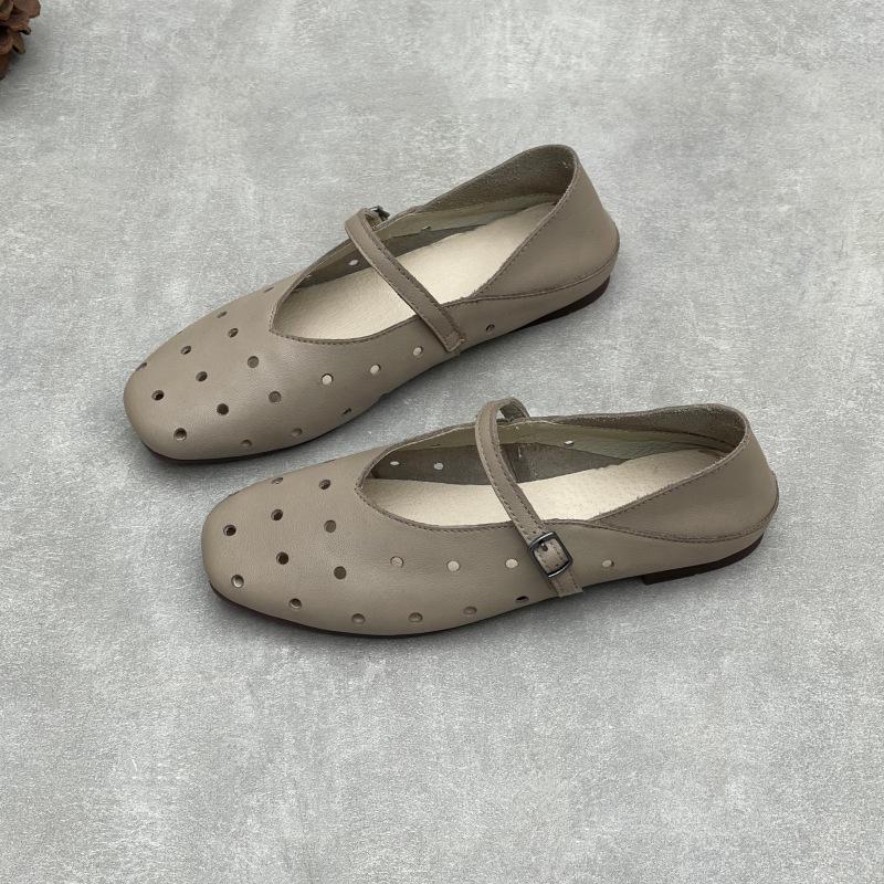 Johnature Hollow Out Breathable Genuine Leather Flat Sandals Casual Versatile Soft Soled Women's Shoes