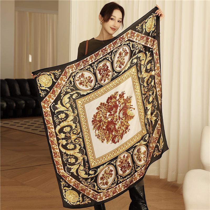 European and American retro printing silk scarf simulation silk large shawl travel sunscreen decoration autumn and winter scarf silk scarf new