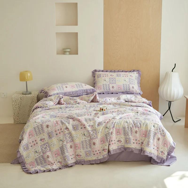 Botanical Flowers Pattern Ruffled Quilt Summer Cool Air Conditioning Quilt Skin-friendly Soft Thin Blanket for Kids Boys Girls