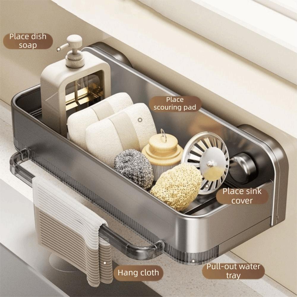 Space Aluminum Suction Cup Sink Drain Rack Wall Mounted Waterproof Sink Sponge Holder Punch Free with Water Tray