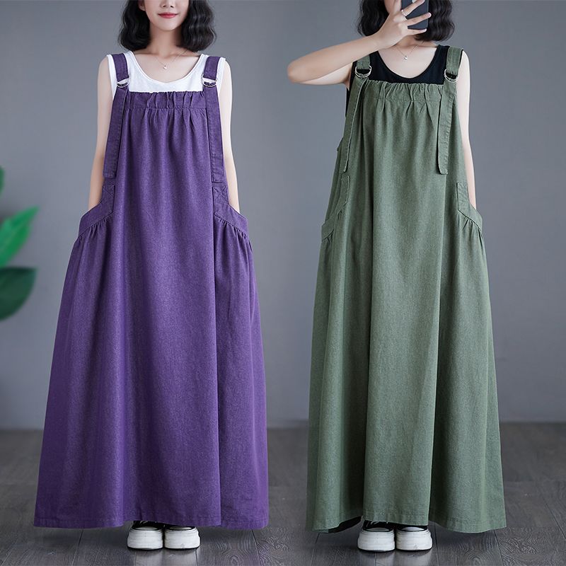 Übergroßer Herbst Denim Langes Träger Latzkleid Ärmellos Mode Damenkleider Lässig Locker Slip Damenkleid