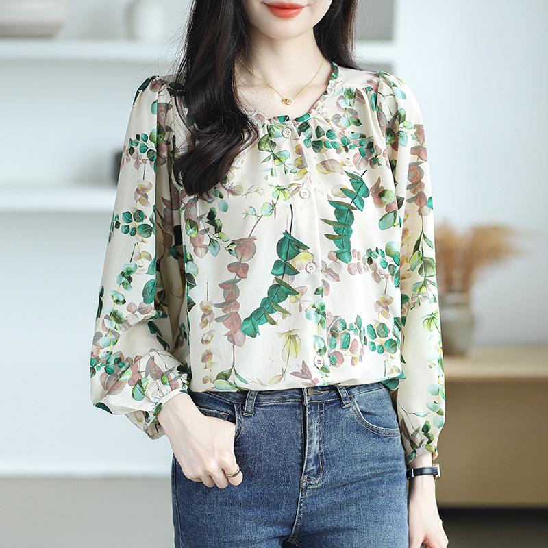 Round Necked Women's Long Sleeved Autumn Printed Shirt with Mulberry Print Top