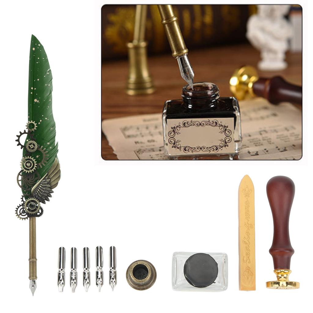 Retro Pen Set Vintage Map Pattern Quill Pen Set with 5 Replacement Nibs Pen Stand Base Ink Empty Bottle for Writing