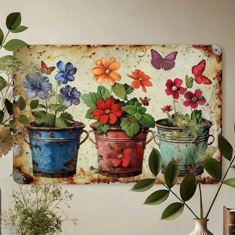 Vintage Metal Wall Art, Butterfly Garden Decor, Retro Flower Pot, 12x8 Inch