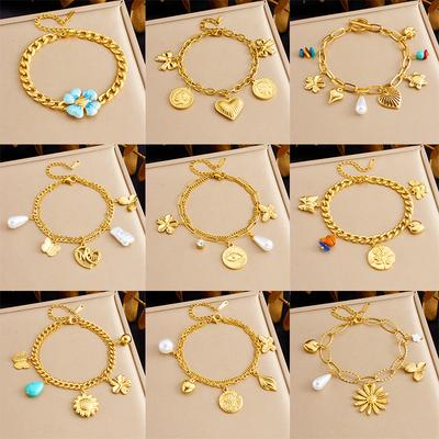 Vintage Floral Heart Letter Multi Element Pendant Chain Bracelet Fashion Versatile Creative Personality