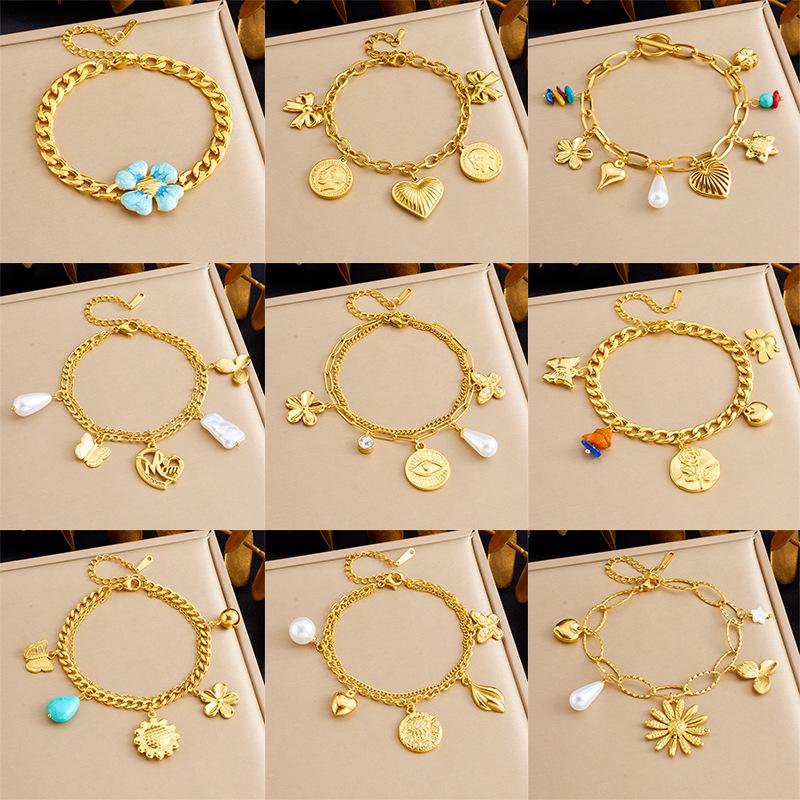 Vintage Floral Heart Letter Multi Element Pendant Chain Bracelet Fashion Versatile Creative Personality