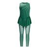 Girls Gymnastics Jumpsuit Shiny Rhinestones Sleeveless Keyhole Back Full Length Skirted Bodysuit