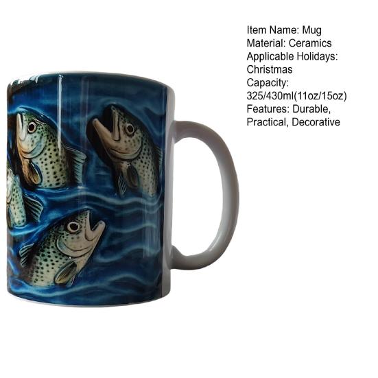 Fishing Ceramic Mug Trout Fish Design Coffee Mug with Blue Wave Pattern 11/15oz Fish Art Drinkware Gifts for Men Fisher