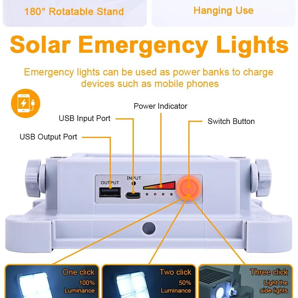 USB Type-C Rechargeable 336/288/264LEDs Solar Floodlight Outdoor Portable LED Multifunctional Spotlight IP66 Waterproof Emergency Light Solar