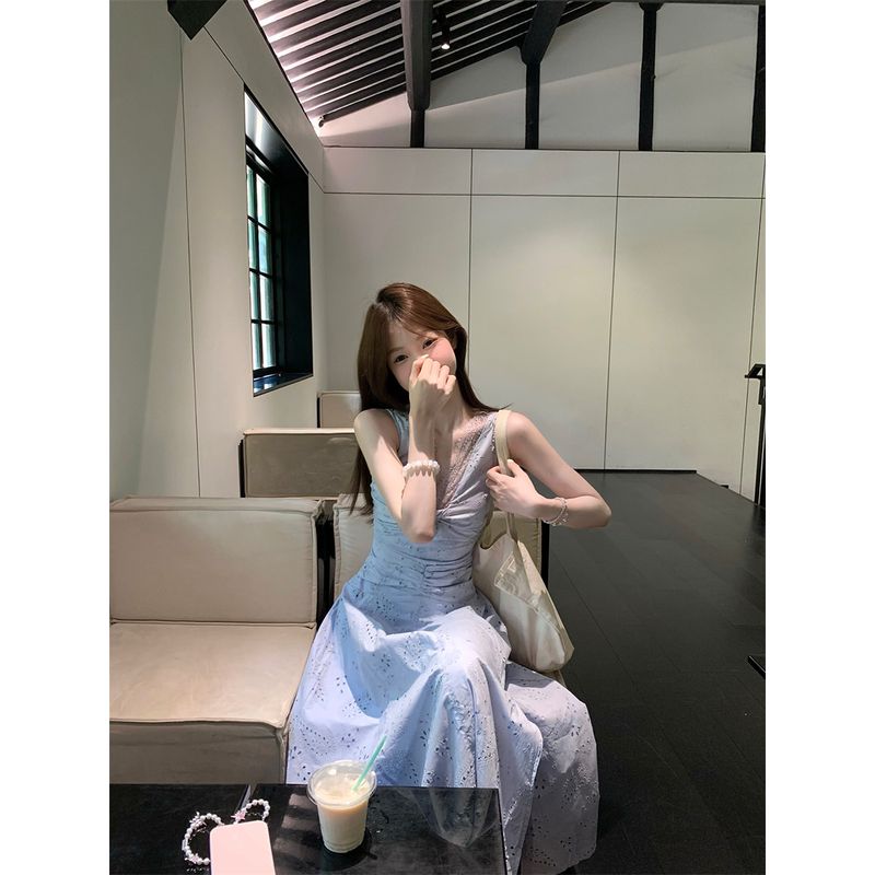 Kumikumi Holiday Style Blue Lace Stitching Temperament Sling Dress Women Summer Waist Hugging Pleat A- Line Skirt