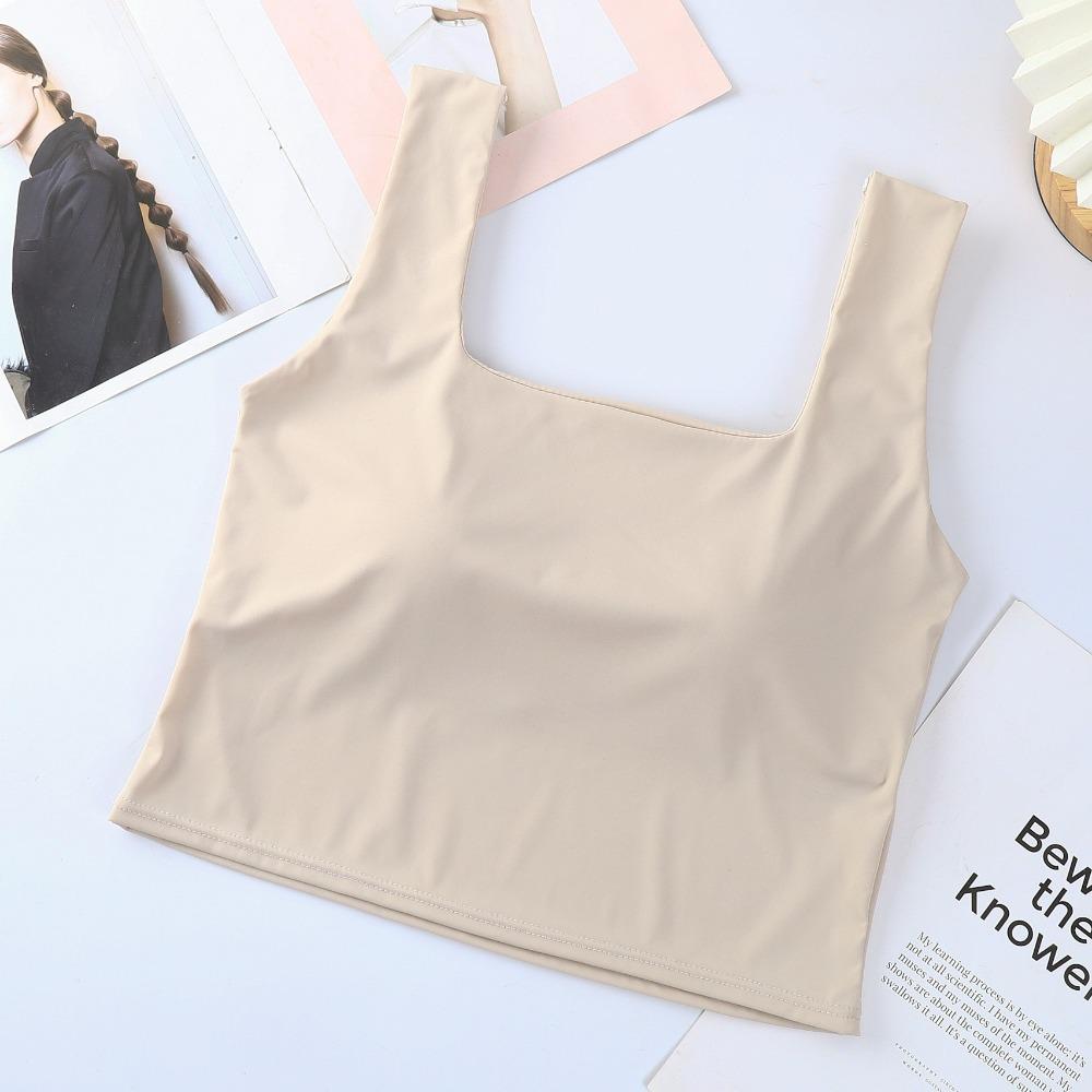 Ice Silk Wide Strap Camis Women Solid Color Square Neck Crop Tops Fashion Padded Tube Top Female Sleeveless Camisole