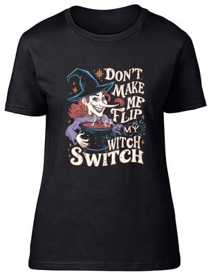 Funny Flip My Witch Switch Womens T-Shirt Witch Couldron Halloween Costume Tee