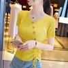 2025 Summer Women's Ice Silk V-Neck Drawstring Short Sleeve Knitted Top