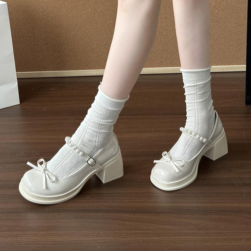 Mary Jane Shoes Women's 2025 Autumn New Fashion Single Shoes Sweet Bow Thick Heel Pearl Small Leather Shoes