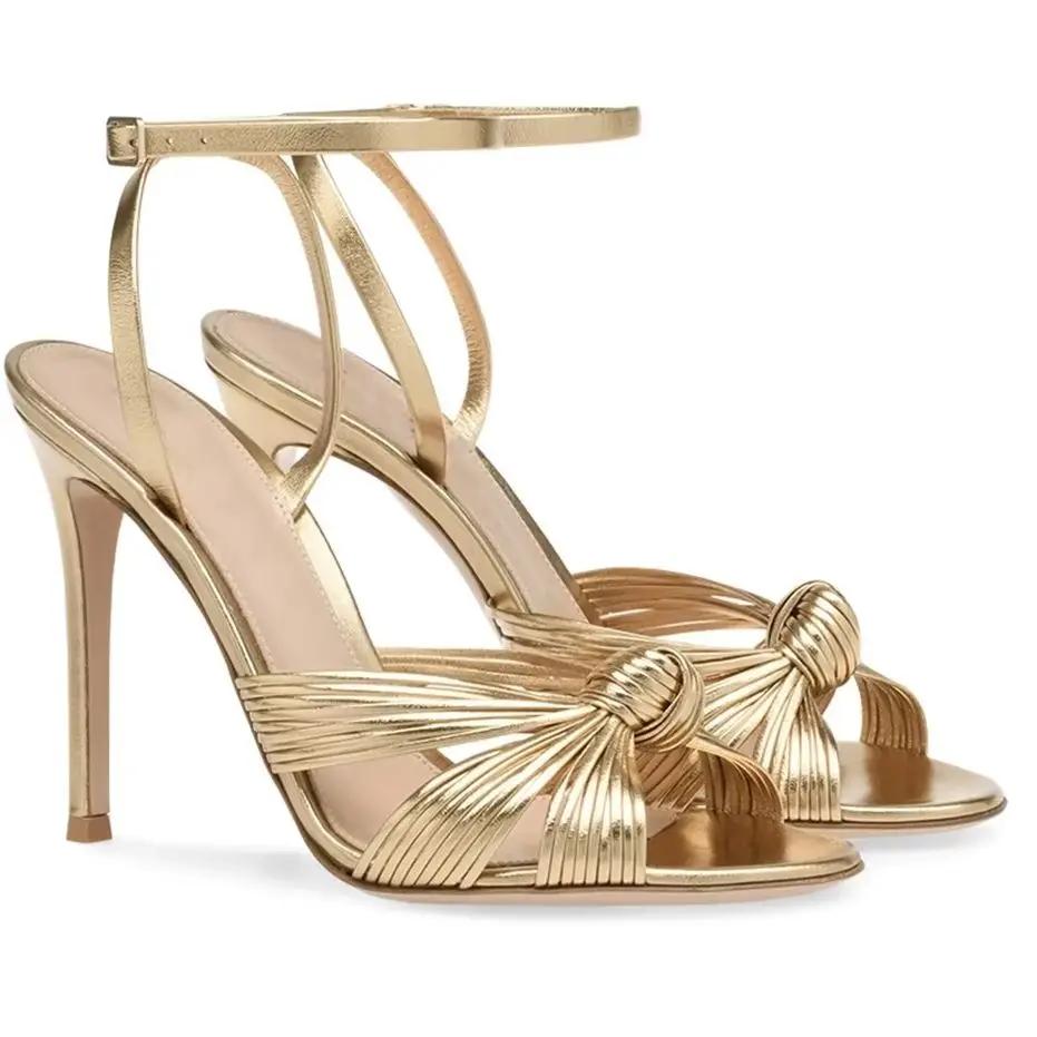 Gold Color Stiletto Heel Sandals Cross One Word Belt Round Toe Slingback Ankle Strap PU Sandals Women Party Large Size46