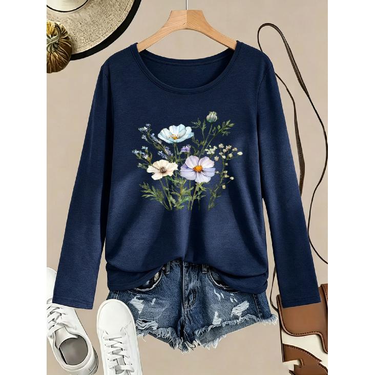 1Pieces Women's Round Neck Long Sleeve T Shirt Floral Print All-Season Casual Wear Shipped from Local Warehouse Everyday Versatile Top Perfect