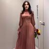 GMXIA Spring Autumn Fall Satin Long Sleeve Half Turtleneck Elegant Women's Waist Dress