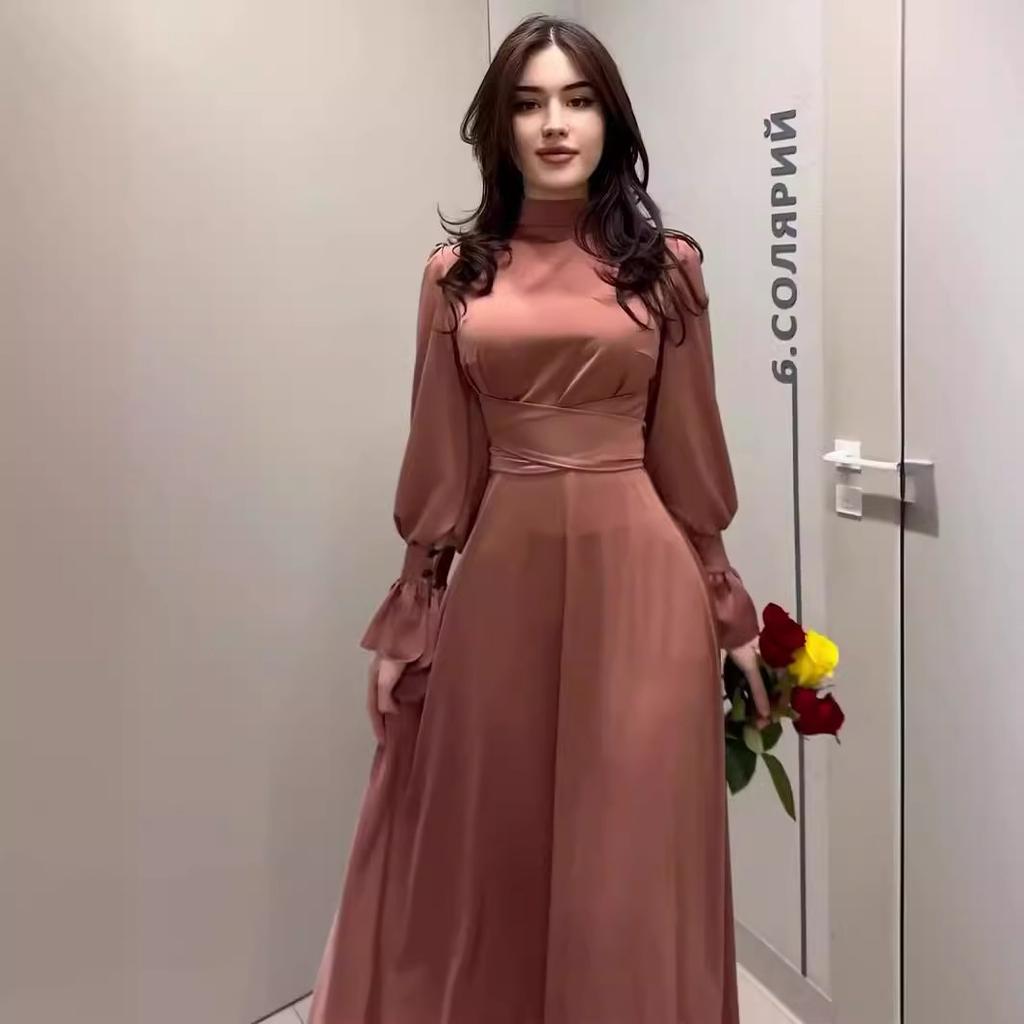 GMXIA Spring Autumn Fall Satin Long Sleeve Half Turtleneck Elegant Women's Waist Dress