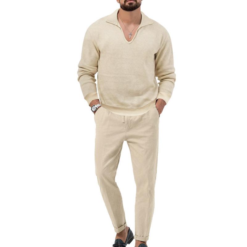 Autumn/Winter New Arrival: Men's Waffle Weave Casual Long-Sleeved Top and Trousers Two-Piece Set