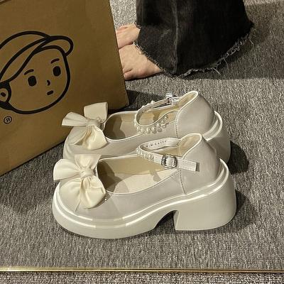Franse Mary Jane schoenen dames 2025 zomer nieuw zoete strik dikke hak parel met rok kleine leren schoenen