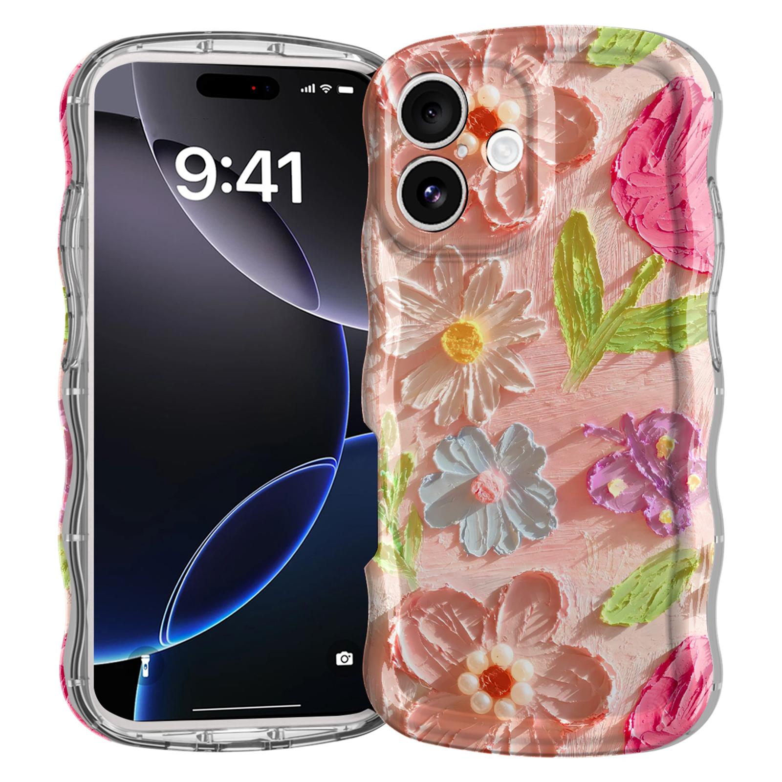

For iPhone 16 Case Curly Wave Frame Floral IMD TPU Phone Cover E