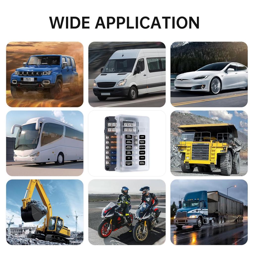 12 Way Marine Fuse Block, 12V Fuse Box with Led Indicator Waterproof Cover, Standard Circuit Marine Fuse Panel with Negative Bus for 12V/24V