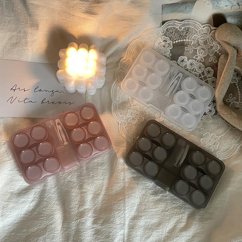 Transparent Contact Lens Case Portable Plastic Storage Box with Tweezer Suction Stick Set for Travel Holiday Companion Organizer