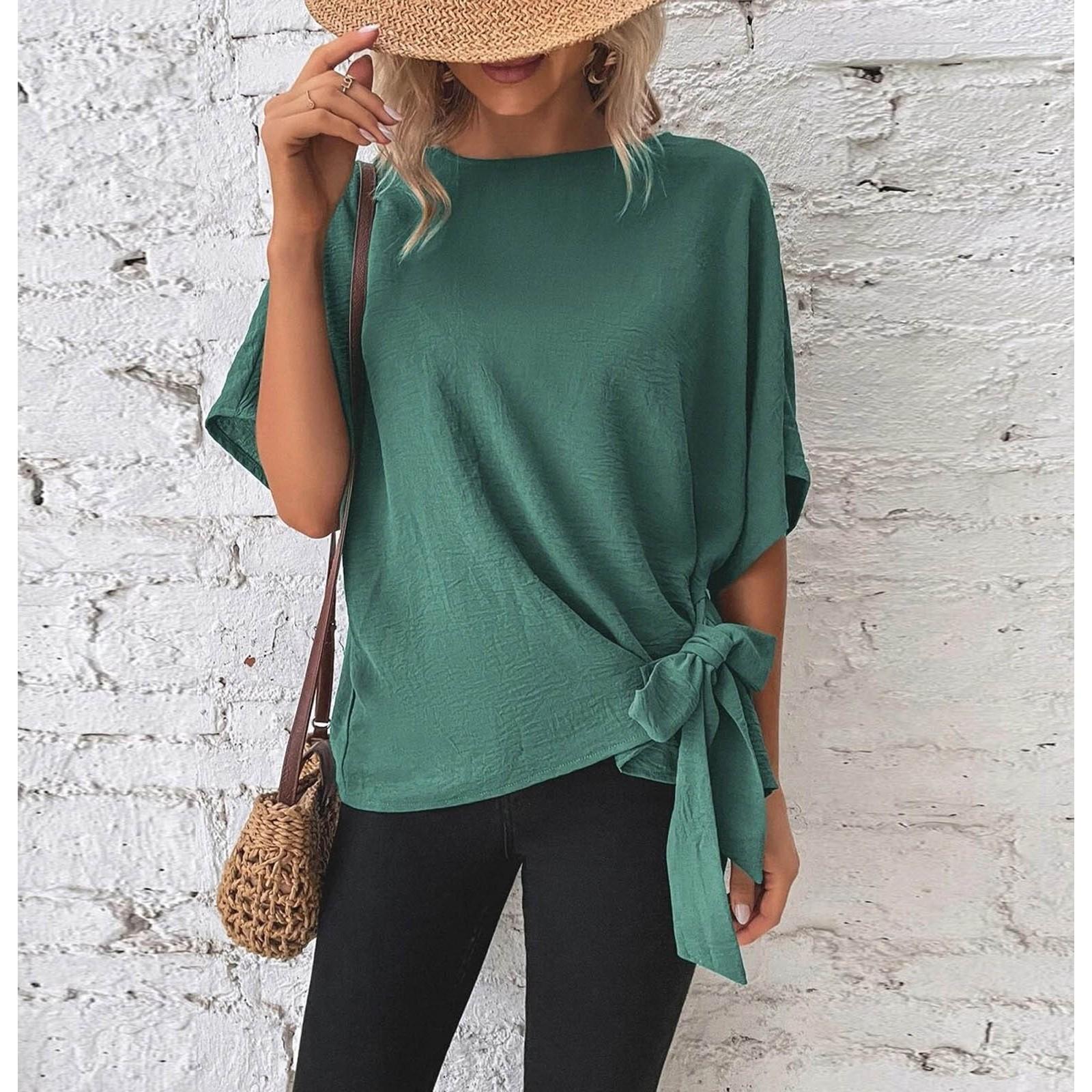 

Женские летние свободные повседневные футболки с короткими рукавами и круглым вырезом размера плюс, однотонные повседневные удобные топы с завязками на подоле L армия зеленый