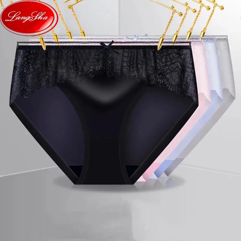

LANGSHA, 4 шт./бесшовные женские трусики, нижнее белье Ice Slik, кружевные трусы для девочек, трусы с низкой талией