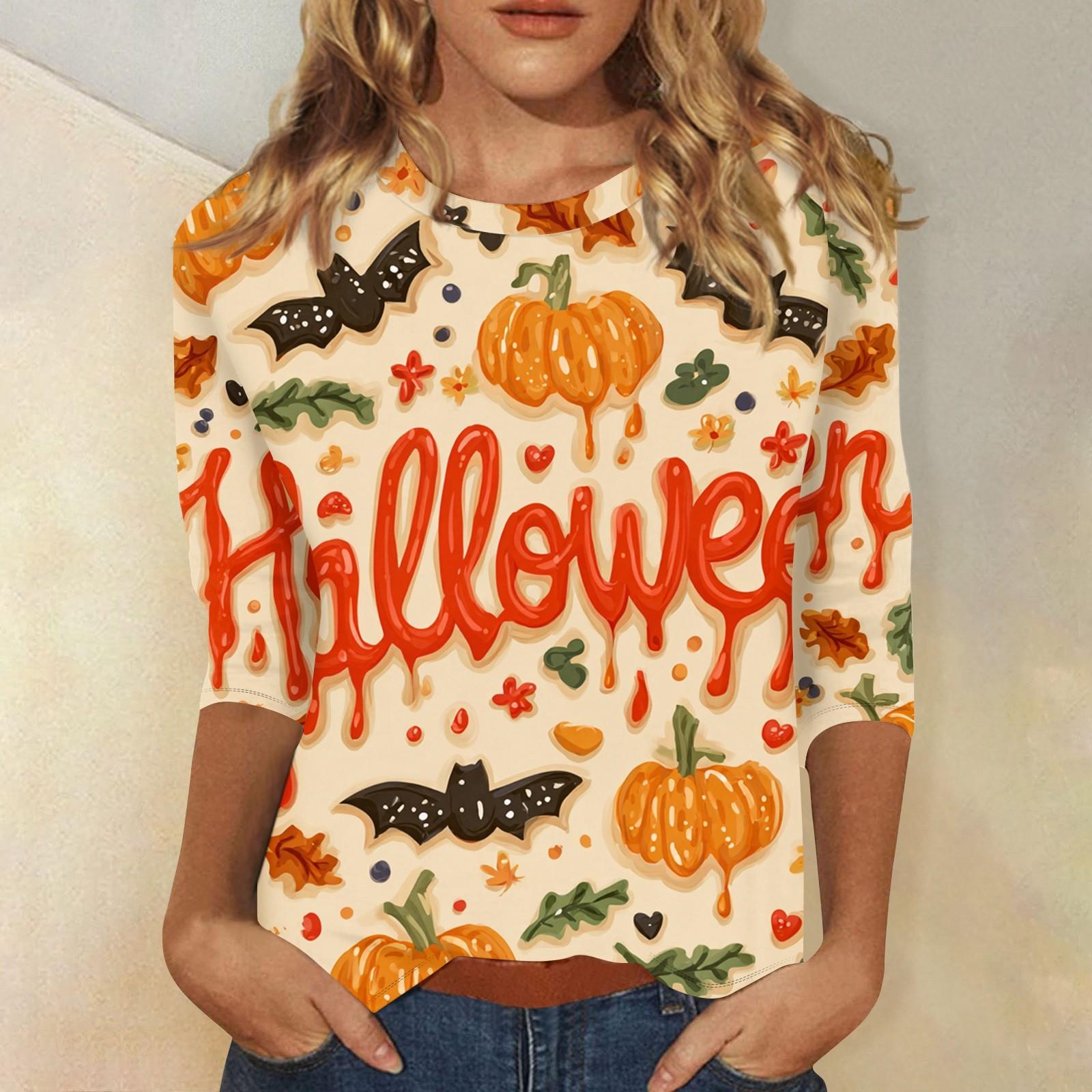 

Женская модная повседневная футболка с рукавом три четверти и принтом на Хэллоуин, с круглым вырезом XXXL оранжевый