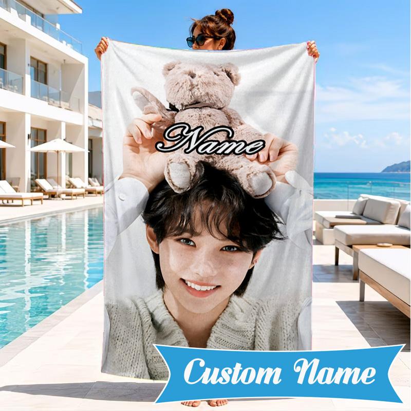 Custom Name K-pop stray Smile Beach Towel Microfiber Beach Towel, Lightweight and Quick-Dry, for Summer Travel, Swimming Pool Gift