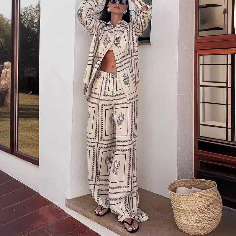 Home Suit Set Women European and American Print Long Sleeve Shirts + Trousers Two-piece Suit Home Wear Casual