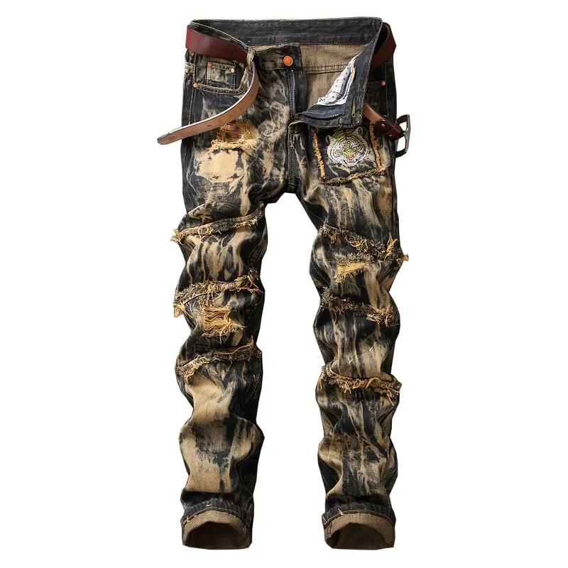 Jeansi Drepți Vintage Bărbați Găuri Moto Biker Pantaloni Denim Modă Tie-Dye Jean Pantaloni Fără Curea