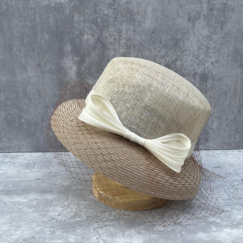French style retro Hepburn style net yarn silk hemp bow top hat women large edge hemp yarn patchstraw lamp shade fisherman's hat