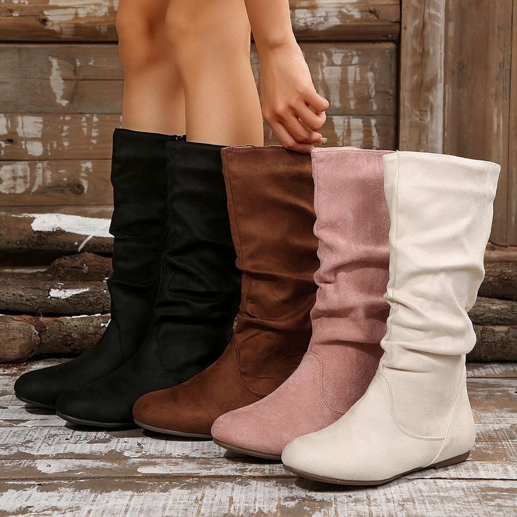 Pleated Design Slip on Western Boots for Woman Flat Suede Flock Thick Heels Cowboy Boots Woman Side Zipper Mid-calf Short Botas
