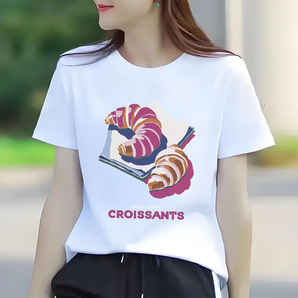 Fashionable and delicious croissant printed pattern short sleeved round neck daily versatile Womens Tshirt