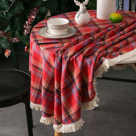 Christmas Round Tablecloth Plaid Tassel Tablecloth Home Party Wedding Thanksgiving Birthday Decoration