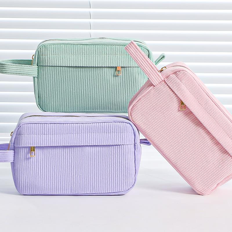 Cream Corduroy Pencil Case Big Capacity Square Shape Pen Case Pouch for Office School Supplies