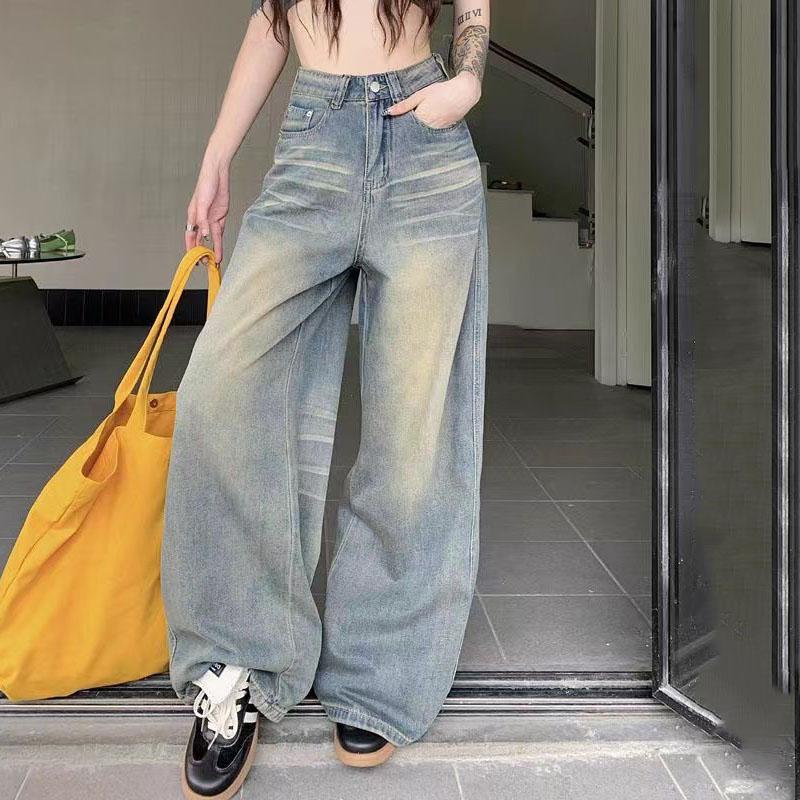 Spring Summer Vintage Chicly Button Jeans Women American Simple Baggy High Waisted Denim Pants Washed Y2K Wide Leg Jean Trousers
