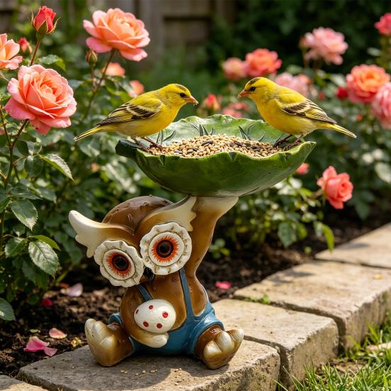 Owl Statue Bird Feeder Resin Decorative Bird Feeder Outdoor Cute Owl Bird Feeder for Garden Balcony Yard Front Porch Decoration